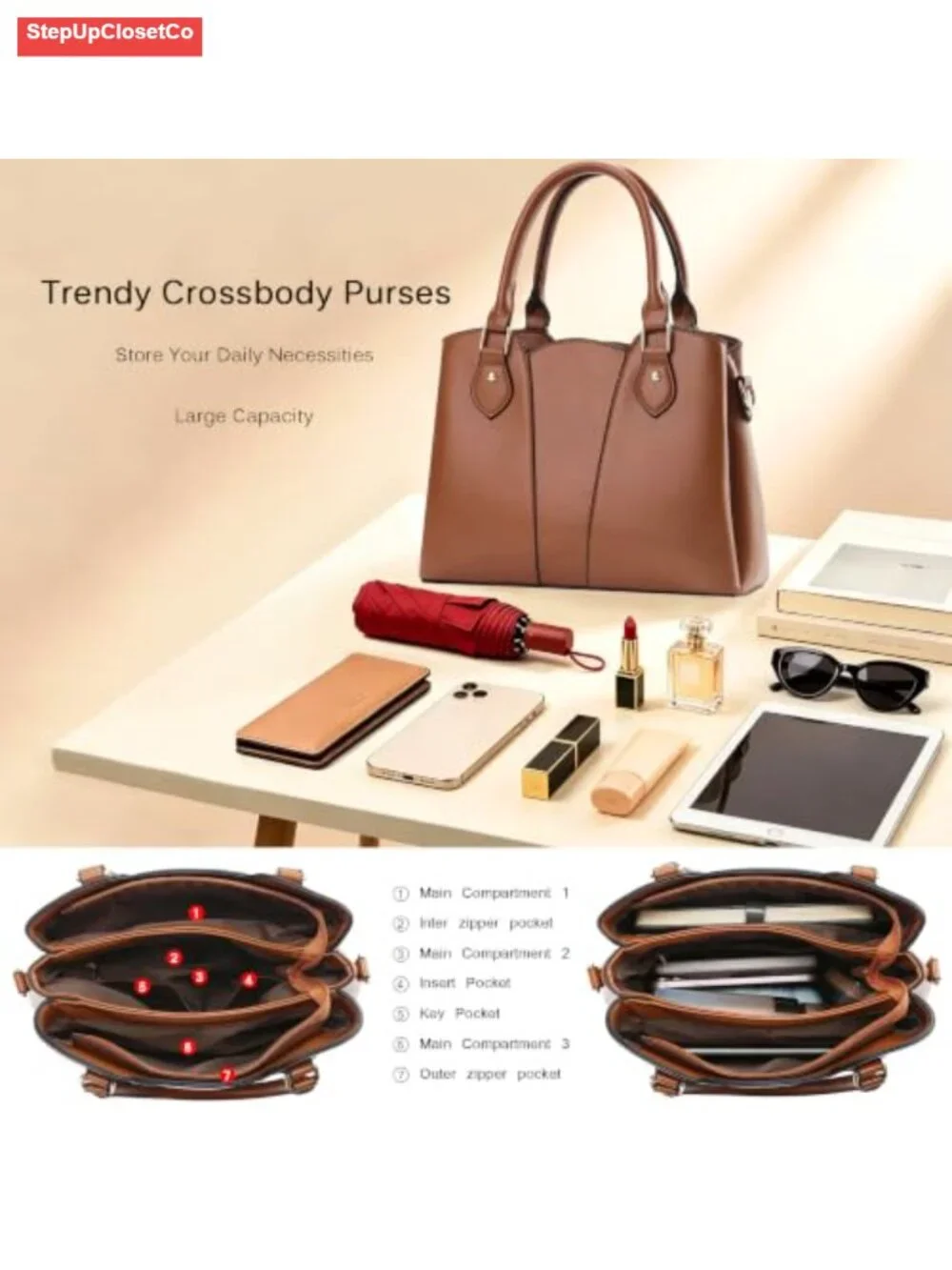 Vegan Leather Crossbody Satchel Tote Handbag with Zipper, Adjustable Strap